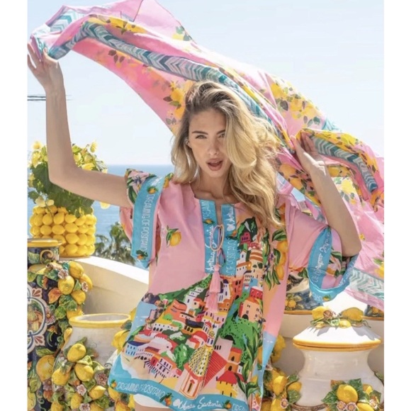 Antica Sartoria Dresses & Skirts - Antica Sartoria Capri by the sea Pink blue Colorful Printed Blouse NWT O/S